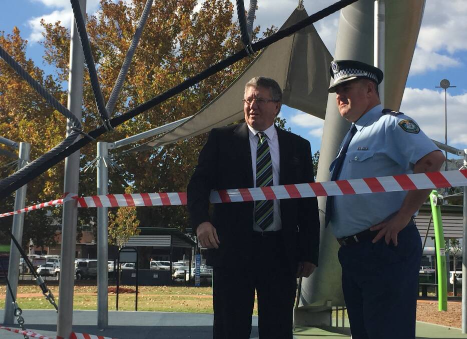 DISAPPOINTED: Tamworth mayor Col Murray and Oxley local area command acting superintendent Jeff Budd inspect the damage. Photo: Jacob McArthur
