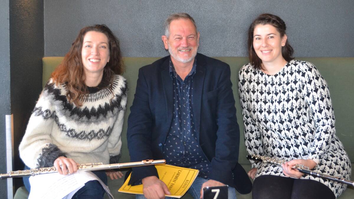 IN TUNE: From left: flautist Sally Walker, pianist Dr Christopher Allan and Quirindi's Hannah Caterer taking classical music to regional NSW. Photo: Supplied