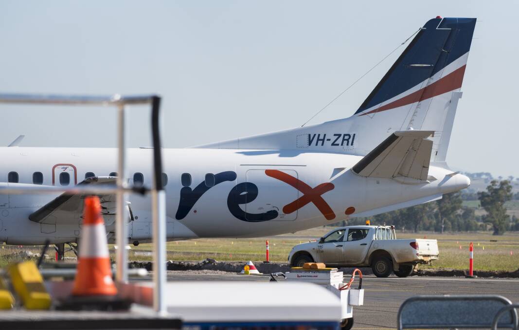 Going nowhere: The Rex Airlines-branded aircraft at Tamworth Airport on Tuesday afternoon after it was diverted to the city on Friday. Photo: Peter Hardin