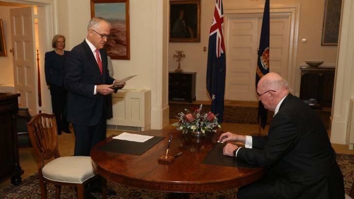 Mr Turnbull is sworn in as Prime Minister by the Governor-General Sir Peter Cosgrove. Photo: Andrew Meares