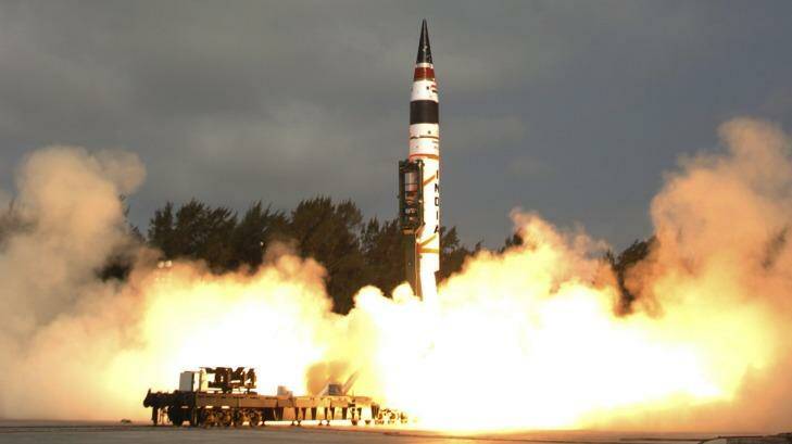 Indian Ministry of Defence photograph from 2012 showing it successfully test launched a  nuclear-capable missile Photo: Indian Ministry of Defence