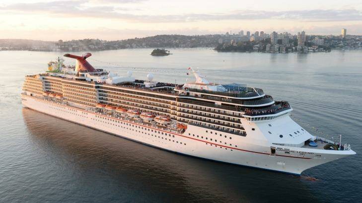 The latest ship to call Australia home, Carnival Cruise Lines 88,500 tonne superliner Carnival Legend makes its way through Sydney Harbour. Photo: James Morgan