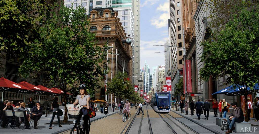 An artist's impression of the new light rail service down George Street at Martin Place.