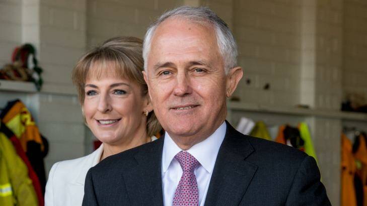 Prime Minister Malcolm Turnbull and Minister for Women and Employment Michaelia Cash at Coldstream CFA on Monday.  Photo: Penny Stephens