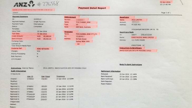 Bank records relating to 60 Minutes payment.  Photo: Supplied