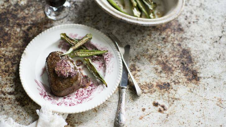 Scotch fillet with okra and red Asian shallot butter. Photo: Supplied