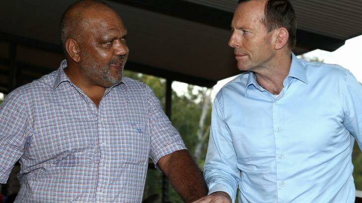 Noel Pearson with Prime Minister Tony Abbott during the PM's visit to North East Arnhem Land last year. Photo: Alex Ellinghausen 