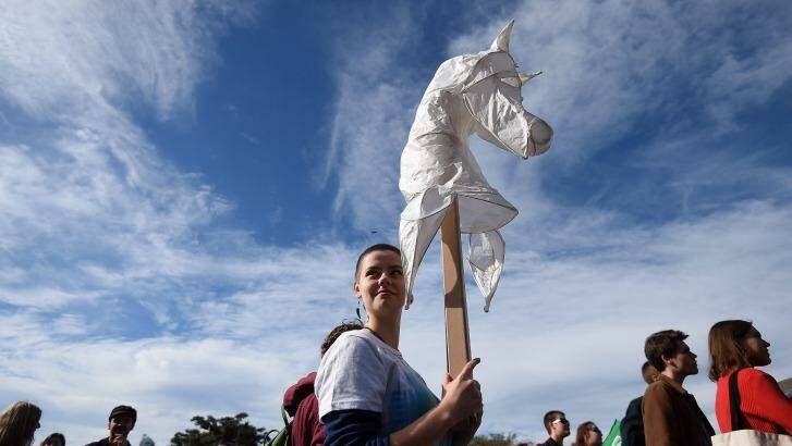Visual arts student Thandiwe Bethune, 19, during a protest on Monday.  Photo: Kate Geraghty