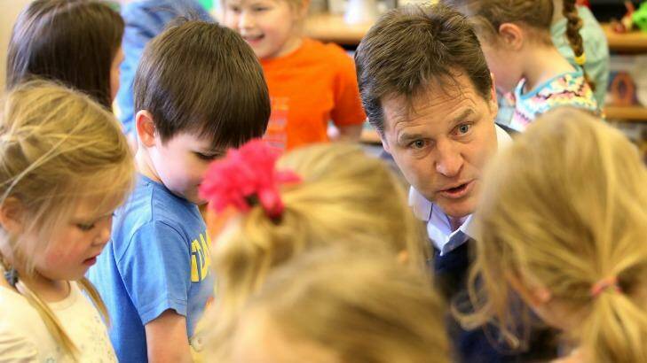 Britain's Deputy Prime Minister and Leader of the Liberal Democrats Party Nick Clegg visited a nursery in Scotland on Wednesday. Photo: Ian MacNicol