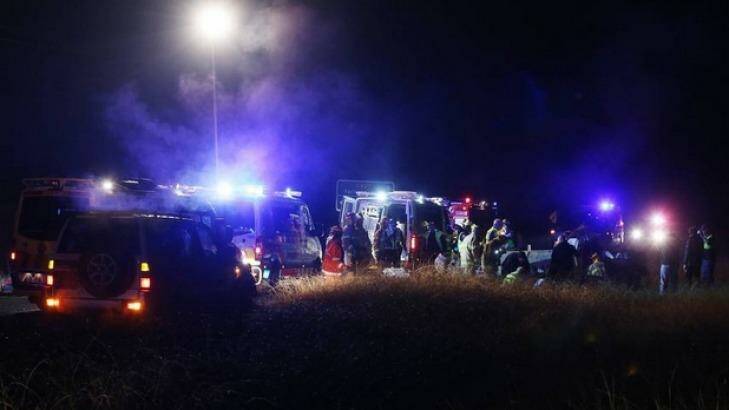Emergency services at the crash site at Staghorn Flat where Spencer was killed.  Photo: The Border Mail