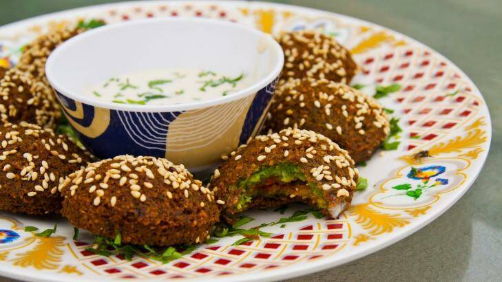 Falafel Mahshi - chickpea falafels stuffed with chilli sauce and onions. Frying Pan Adventures