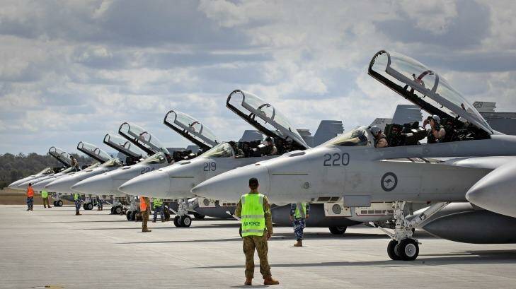 RAAF F/A-18F Super Hornets in Australia last month prior to their deployment to the Middle East.