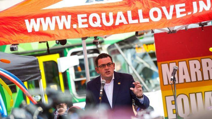 Premier Daniel Andrews addresses the crowd at the Equal Love Rally in June. Photo: Chris Hopkins