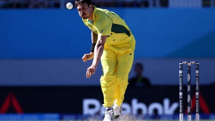 Big moment: Australia's Mitchell Johnson bowls against New Zealand on Saturday. Photo: MICHAEL BRADLEY