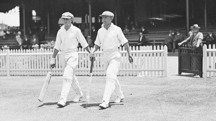 Early days: Don Bradman and Sid Barnes going out to bat for NSW shortly before the tour to England. 