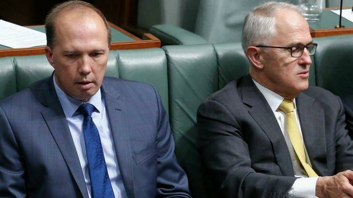 Minister for Immigration and Border Protection Peter Dutton and Prime Minister Malcolm Turnbull on Tuesday. Photo: Alex Ellinghausen