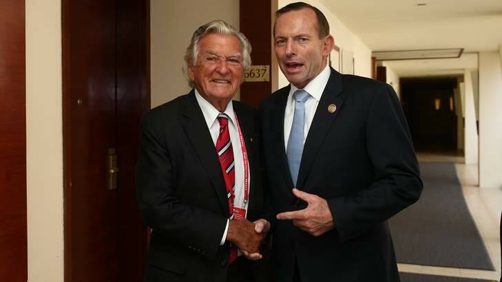 Familiar faces: Bob Hawke leaves after a private meeting with Tony Abbott at the Bo'ao business forum on Thursday. Photo: Alex Ellinghausen