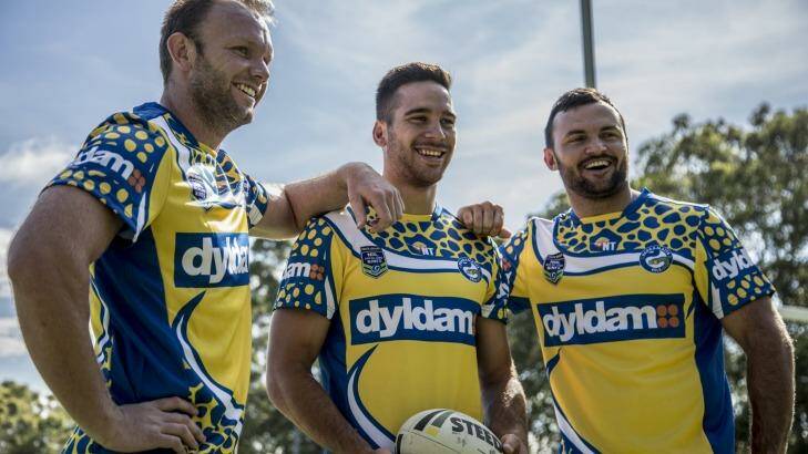 Champion signing: Beau Champion, right, with David Gower and Corey Norman at Eels training on Tuesday. Photo: Parramatta Eels