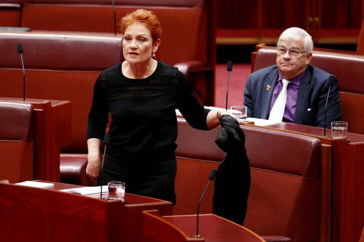 Senator Pauline Hanson pulls of a burqa during Question Time at Parliament House in Canberra on Thursday 17 August 2017. fedpol Photo: Alex Ellinghausen