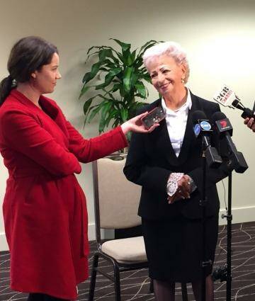 Wrongfully jailed woman Roseanne Beckett speaks to the media after winning $2.3 million in damages on August 24 2015. Photo: Stephanie Gardiner