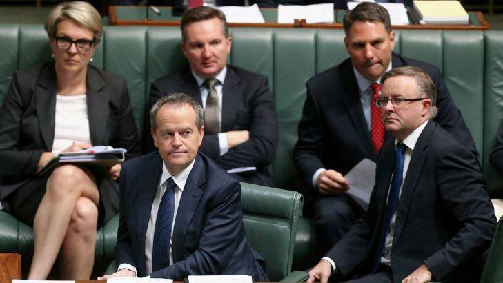 Opposition Leader Bill Shorten and shadow immigration minister Richard Marles (back right) have indicated a turn-backs turnaround for Labor, but deputy Opposition Leader Tanya Plibersek (back left) is reportedly against the idea.  Photo: Alex Ellinghausen