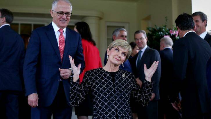 Mr Turnbull and Minister for Foreign Affairs Julie Bishop during photos on the front steps of Government House. Photo: Alex Ellinghausen