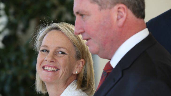 Minister Senator Fiona Nash and Deputy Prime Minister Barnaby Joyce at the ministerial swearing in ceremony at Government House in Canberra on Thursday 18 February 2016. Photo: Andrew Meares