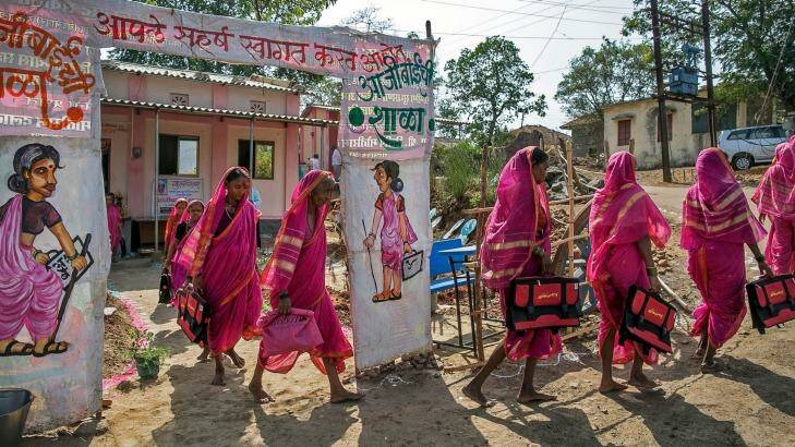 Older women attend school in Phangane village of Thane district. The school aims to empower the elderly women and break the stereotypes.  Photo: Allison Joyce/newslions