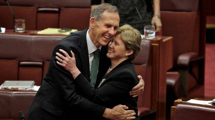 Bob Brown embraces Christine Milne after the Carbon Tax Bills passed the Senate in 2011. Photo: Andrew Meares