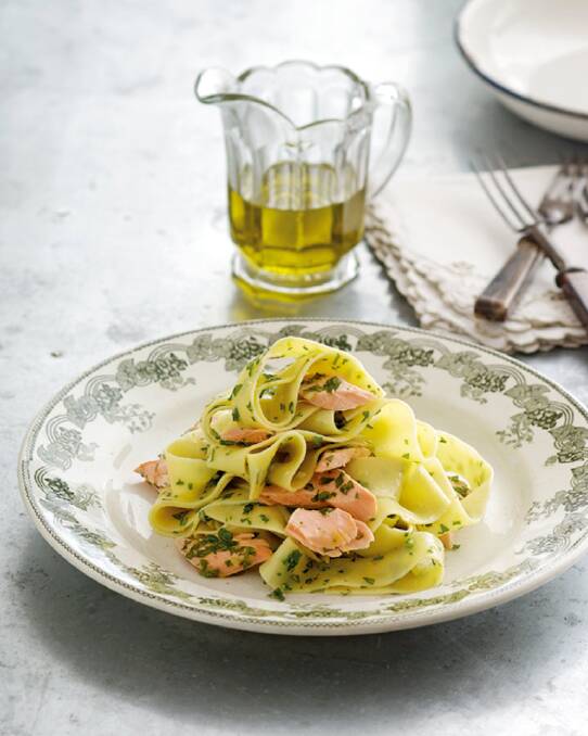 Pappardelle with salmon <a href="http://www.goodfood.com.au/good-food/cook/recipe/pappardelle-with-salmon-20121002-342cp.html"><b>(recipe here).</b></a>