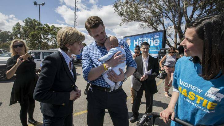 Andrew Hastie with his son Jonathon, wife Ruth and Deputy Prime Minister, Julie Bishop at the Serpentine Jarrahdale Recreation Centre polling place. Photo: Tony McDonough