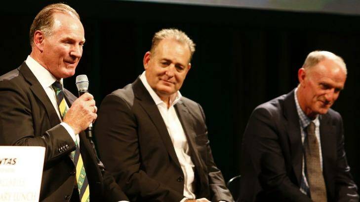  Former Wallabies players Simon Poidevin, David Campese and 1986 captain Andrew Slack at the anniversary lunch in Sydney on Wednesday. Photo: Daniel Munoz