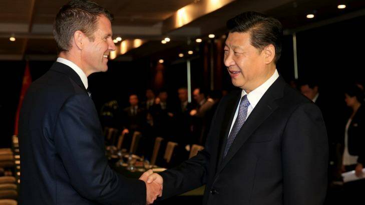 Chinese president Xi Jinping meets with NSW Premier Mike Baird in the Four Seasons Hotel in Sydney. Photo: Janie Barrett