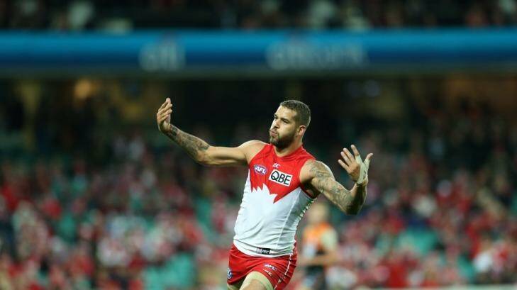 Celebrate good times, come on: Swans spearhead Lance Franklin reacts after potting a major. Photo: Anthony Johnson