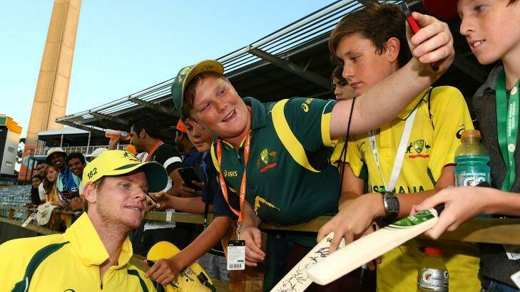 Fan favourite: Steven Smith interacts with supporters after the win in Perth on Tuesday. Photo: Paul Kane
