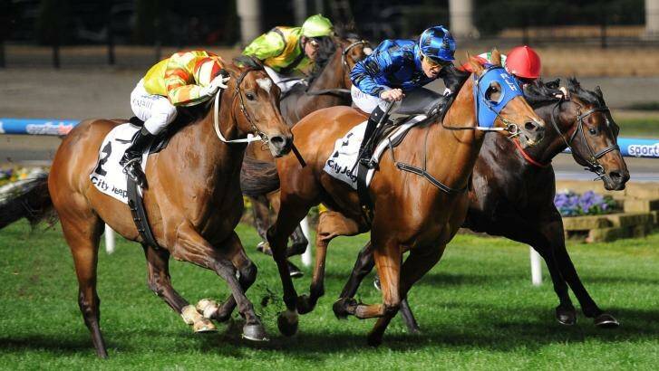 Ready for more: As they did in the Moir Stakes, Buffering (blue hood) will go head-to-head with Lankan Rupee (left) in the Manikato Stakes. Photo: Vince Caligiuri/Getty Images