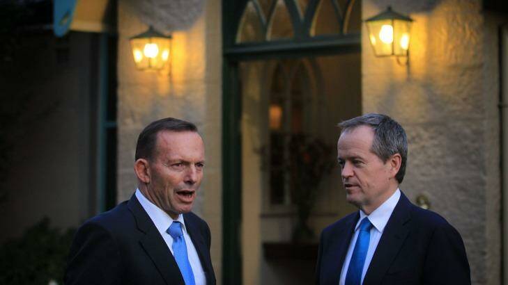 Prime Minister Tony Abbott and Opposition Leader Bill Shorten greeted guests together ahead of the Indigenous leaders summit last week. Photo: James Alcock