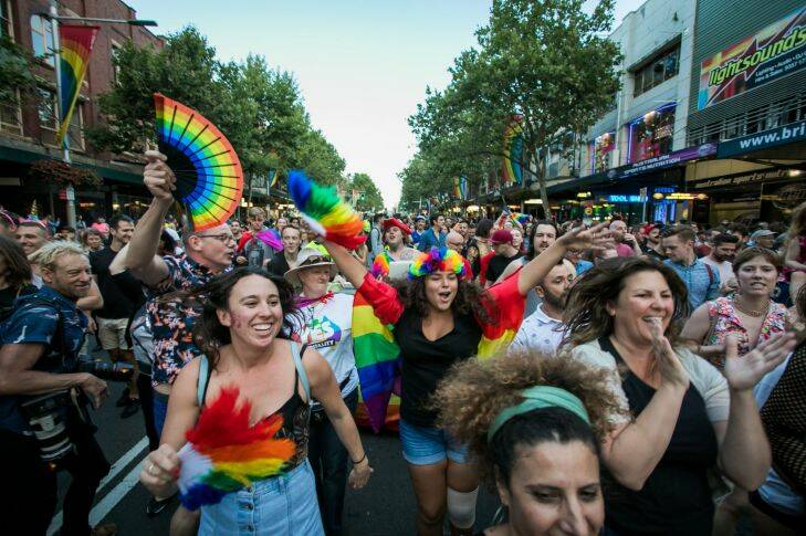 SMH NEWS. SEXPOL?? : LGBTQI community and pro marriage equality advocates celebrate the yes verdict of Australia??????s postal vote on same sex marriage, by marching down Oxford St, past St Mary's Cathedral and into Hyde Park on 15 November 2017, in Sydney, Australia. Photo: Anna Kucera