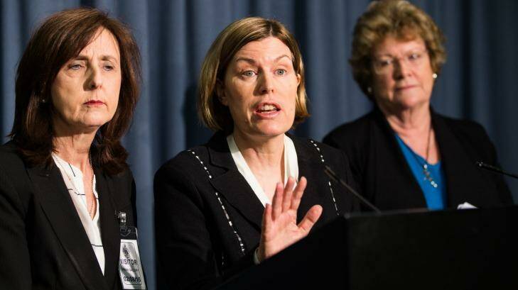 Dr Kerry Chant (centre) at a press conference earlier this month to deliver the interim report. Photo: SMH