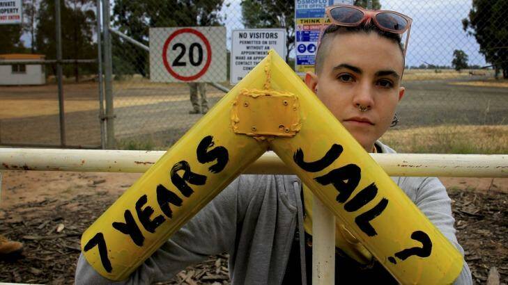 A protester locks on to a gate that is part of Santos' Narrabri CSG project. Photo: Dean Sewell