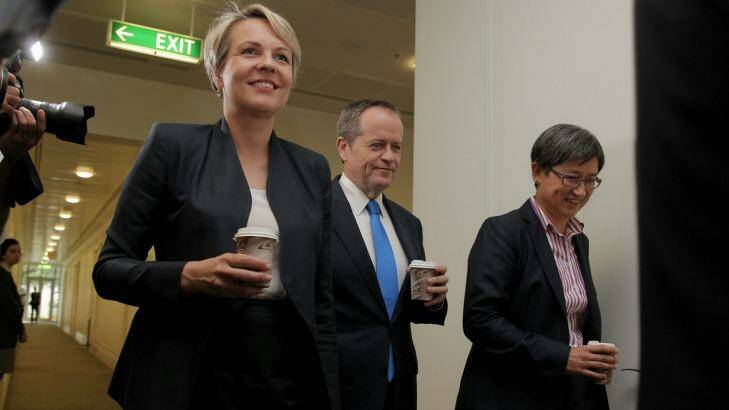 Deputy Opposition Leader Tanya Plibersek, Opposition Leader Bill Shorten and Senator Penny Wong walk past the Liberal partyroom meeting at Parliament House in Canberra on Monday 9 February 2015. Photo: Alex Ellinghausen