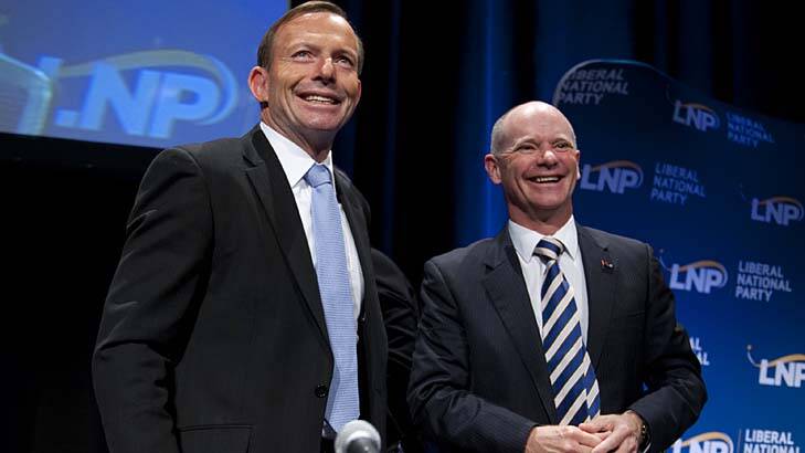 Prime Minister Tony Abbott and Campbell Newman at the LNP  annual state convention in Brisbane. Photo: Harrison Saragossi