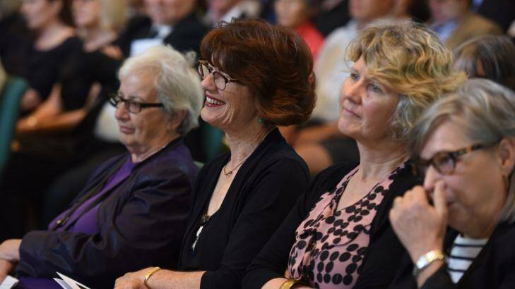 Journalist Geraldine Doogue and other mourners at the funeral for Adele Horin. Photo: Nick Moir