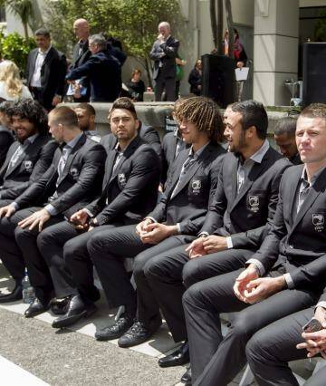 No show, bro: The New Zealand team wait for the Australians who finally arrived at the civic reception. Photo: Maarten Holl