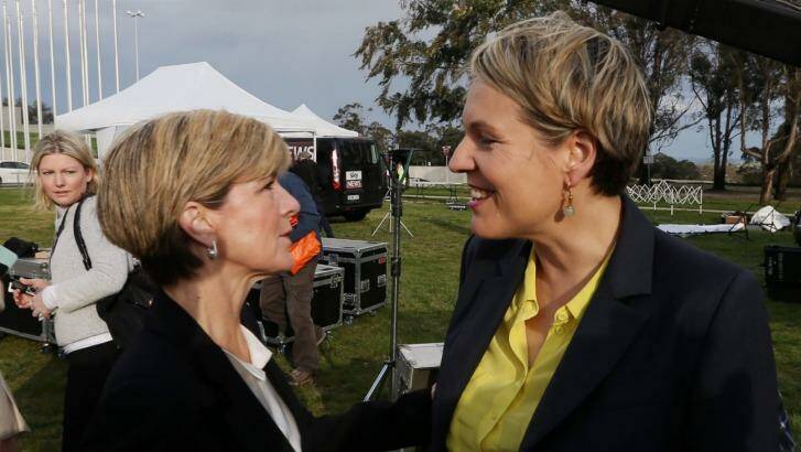 Julie Bishop and Tanya Plibersek talk after a media engagement outside Parliament. earlier this month.  Photo: Andrew Meares