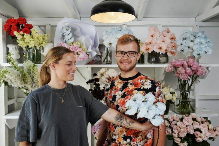 Florist Emily Smith and stylist Ruben Stewart . Story about the Pink dollar. Emily is owner of Boutierre Girls , a wedding and events flower specialist and Ruben helped her start the company. Pic Nick Moir 15 nov 2017