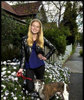 On screen: Melbourne actor Angourie Rice, 13, pictured at home with her dog, a whippet called Mike. Photo: Simon O'Dwyer