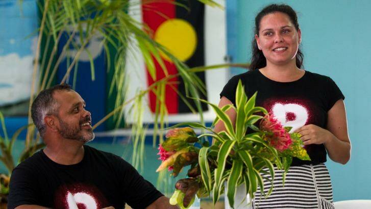 Charles Prouse and Nioka Tyson from the Recognise team address a meeting on Mer Island in the Torres Strait. The team has spent two weeks traveling between islands promoting the campaign to gain recognition for Aboriginal and Torres Strait Islanders in the Australian Constitution. Photo: Janie Barrett