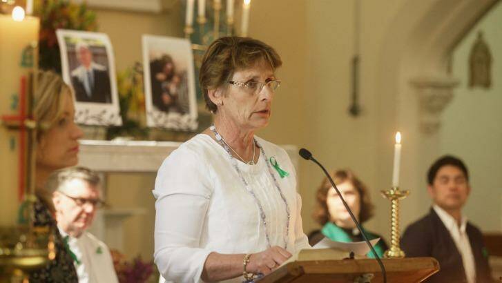 Liz Noble speaking at her son Chris's memorial service at St Joseph's Catholic Church in Rozelle: "our worst nightmares". Photo: Fiona Morris