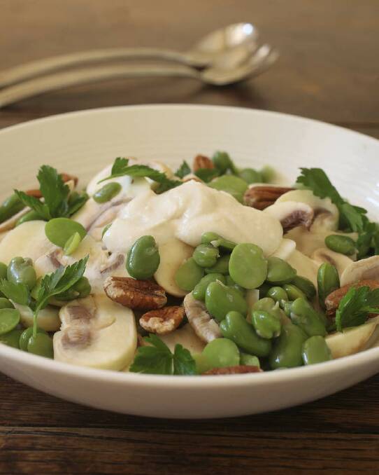 Broad beans and mushrooms with yoghurt dressing and parsley <a href="http://www.goodfood.com.au/good-food/cook/recipe/broad-beans-and-mushrooms-with-yoghurt-dressing-and-parsley-20120919-29ts5.html"><b>(recipe here).</b></a> Photo: Fiona Morris